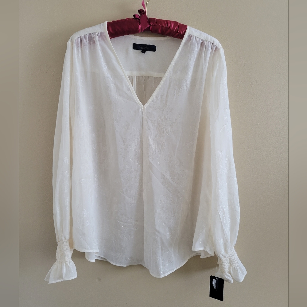 Rachel Roy | Shirred Cuff Cream Ivory Semi Sheer Blouse V-neck X-Lar